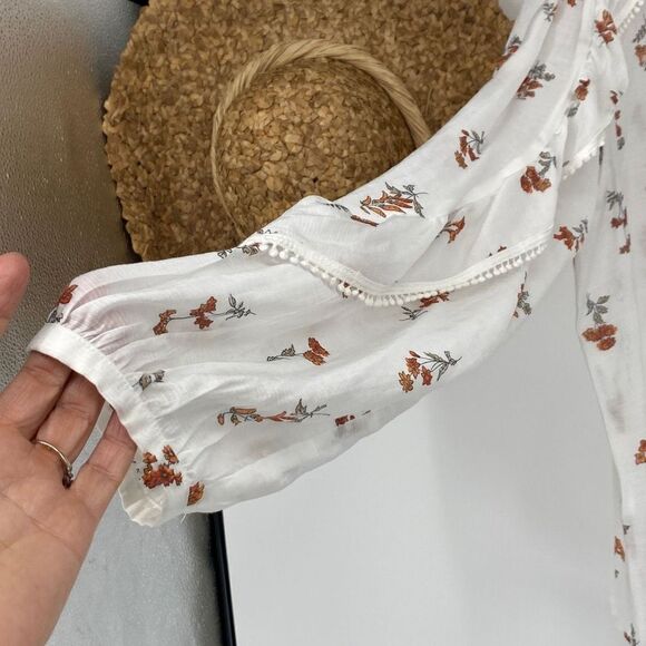 Ann Taylor Floral Feminine Blouse Semi-Sheer Linen Blend Ruffle Sleeve White XL - Picture 8 of 16